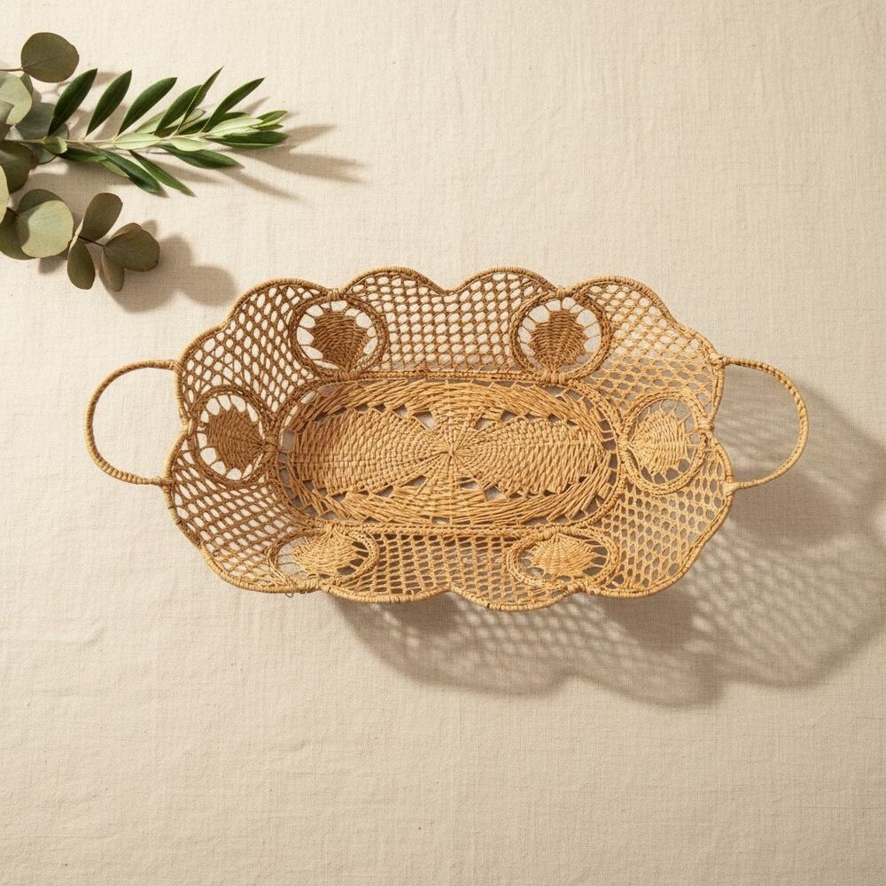 Vintage Iraca Palm Woven Basket-Colombian Handcrafted-Boho Coastal Centerpiece